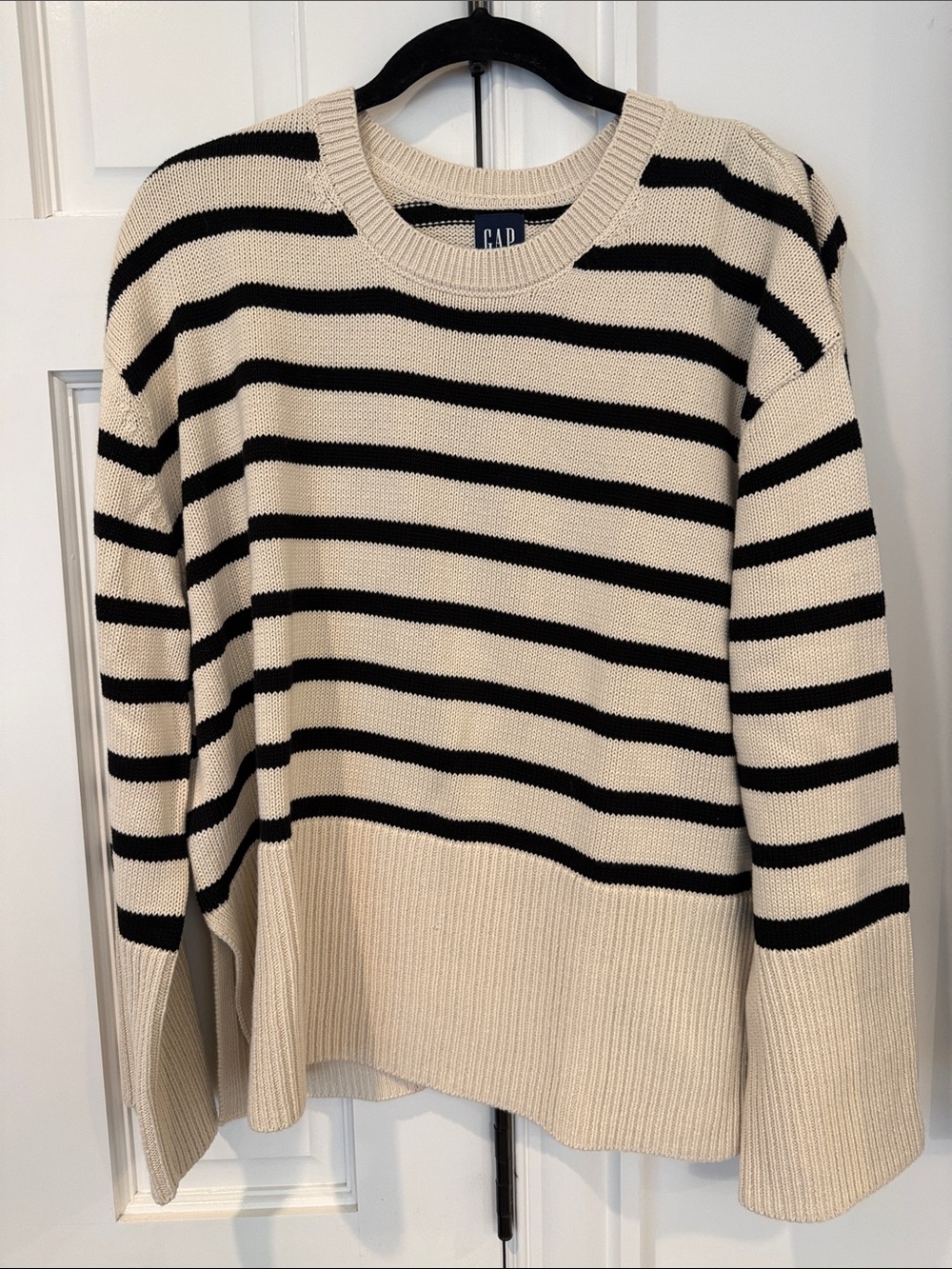 GAP Cream and Black Striped Crewneck Sweater
